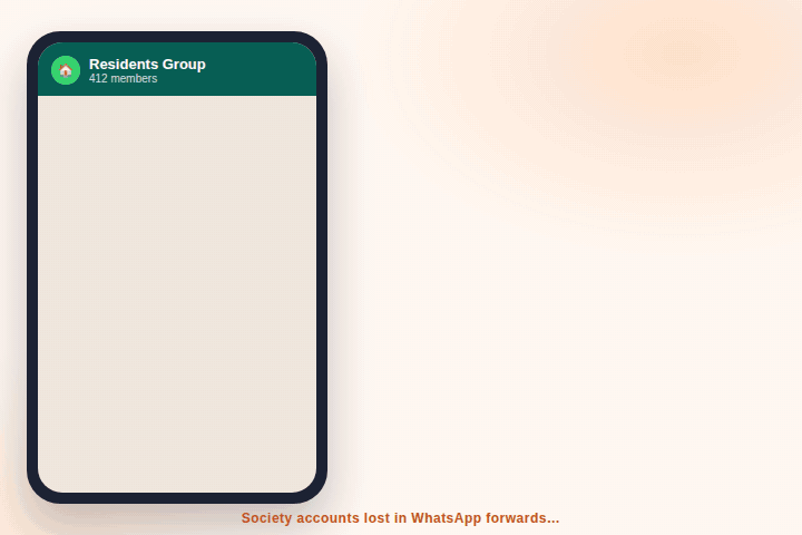 Animation: messy WhatsApp expense messages turn into a clean SocietyEyes festival account, then shared back as one link